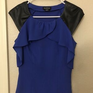 Bebe blue ruffle and black faux leather dress top